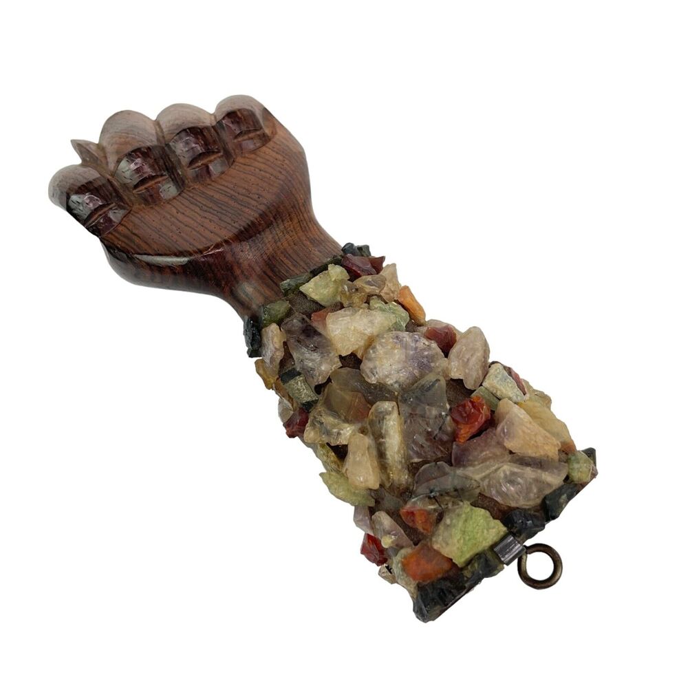 Mano Fico Figa Amulet Wood Carved Hand with Stones 5.5" length Vintage